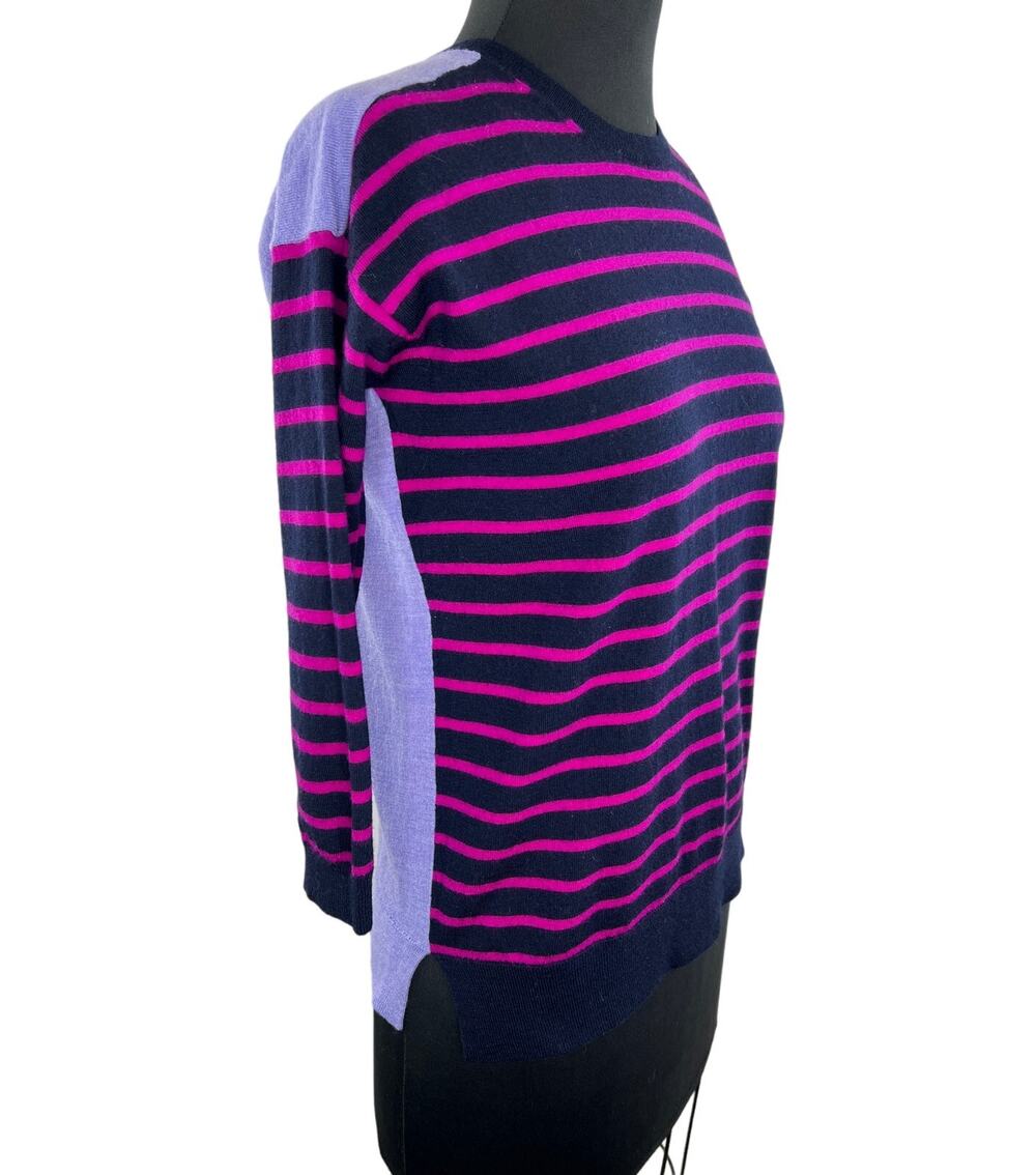 J Crew Colorblock Purple Pink Striped Crewneck Merino Wool Pullover Sweater XS